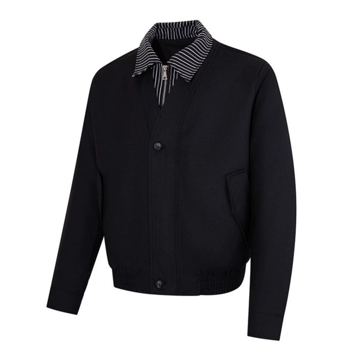 Men's short-cut blouson jacket with striped inner collar, concealed two-way zipper, and elastic hem Amarae