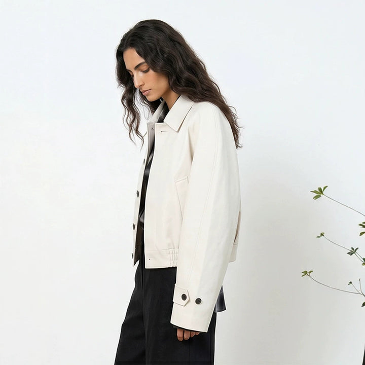 Women's Short Boxy Blouson with Elastic Hem and Distinctive Button Details Amarae