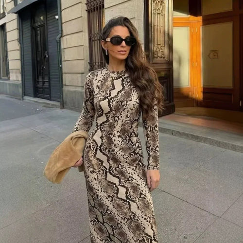 Women's Figure-Hugging Midi Dress with Snake Print, Tailored Draping and Long Sleeve Cut Amarae