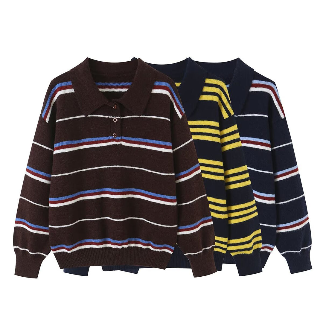 Women's Striped Knit Polo Sweater with Short Button Placket and Ribbed Cuffs Amarae