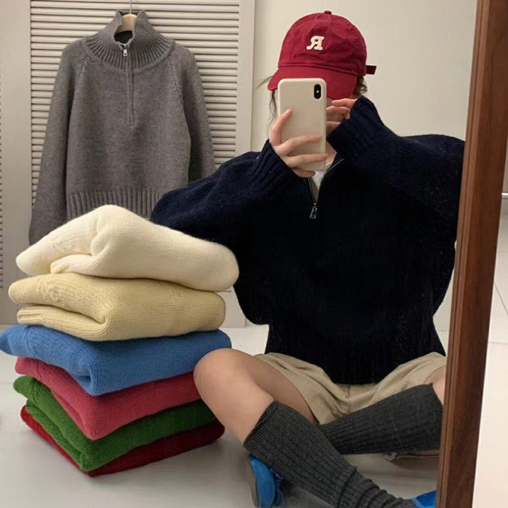 Pull en tricot confortable pour femmes avec col montant et fermeture éclair