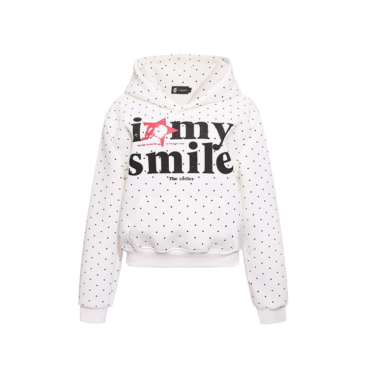 Women’s hoodie sweatshirt with polka dot pattern, kangaroo pocket and large typographic print Amarae