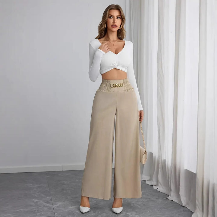 High-waisted wide-leg pants for women with decorative elastic and a trendy belt Lune London