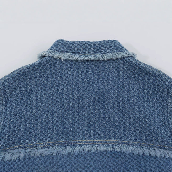 Women's short jacket made of textured denim with fringe trim and flap pockets Amarae