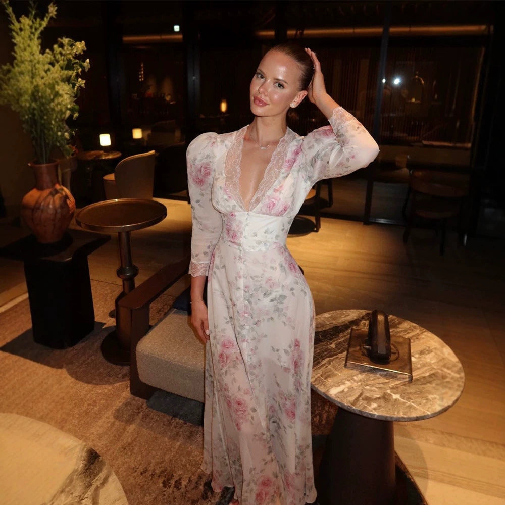 Women's Romantic Chiffon Maxi Dress with Lace V-Neck, Puff Sleeves and Front Slit Amarae