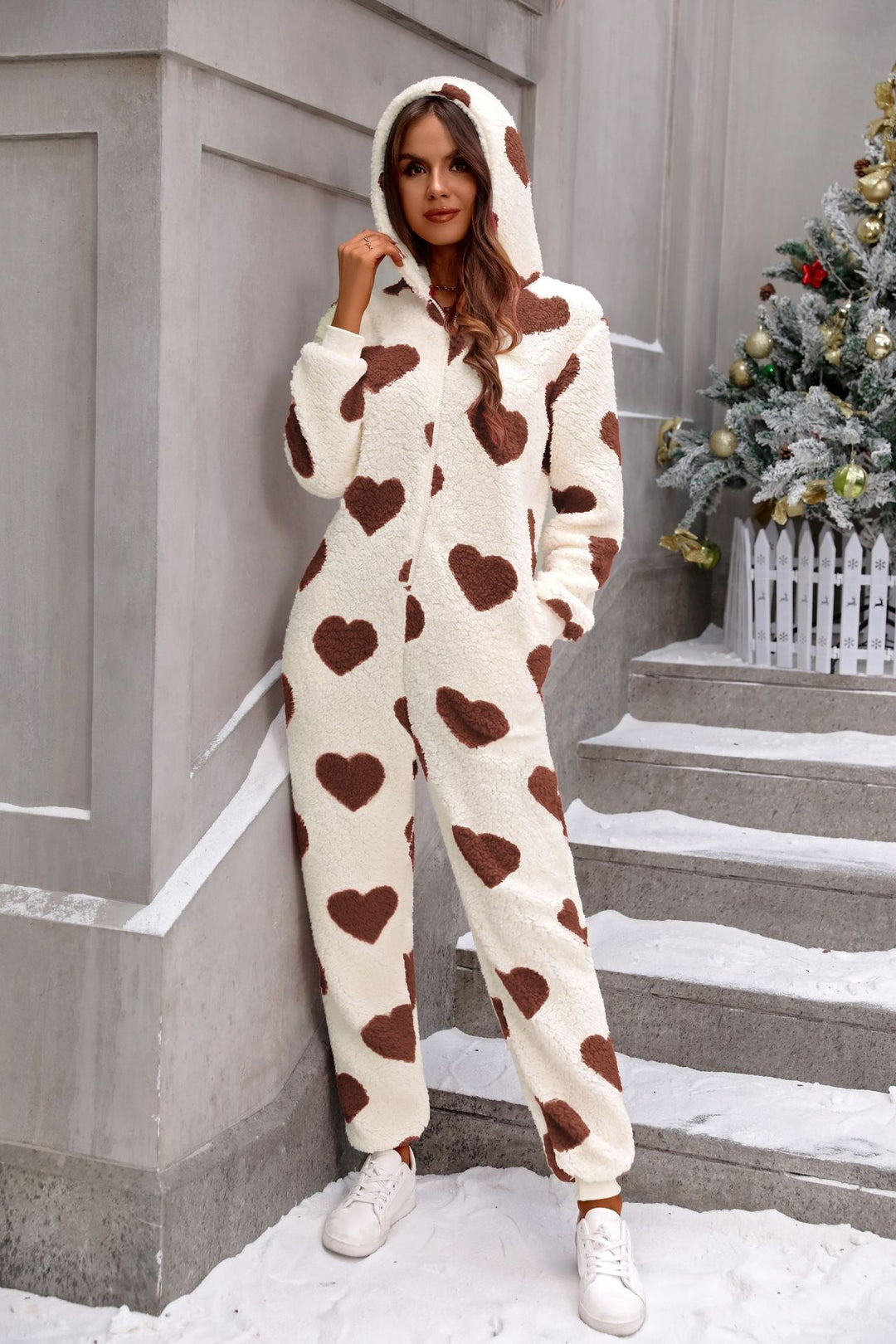 Ladies fleece set with hood and heart pattern Lune London