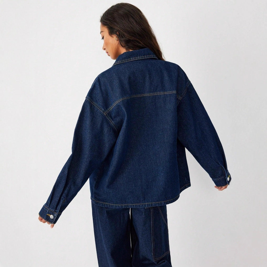 Women's Oversized Denim Jacket with Distinctive Front Pockets and Relaxed Fit Amarae