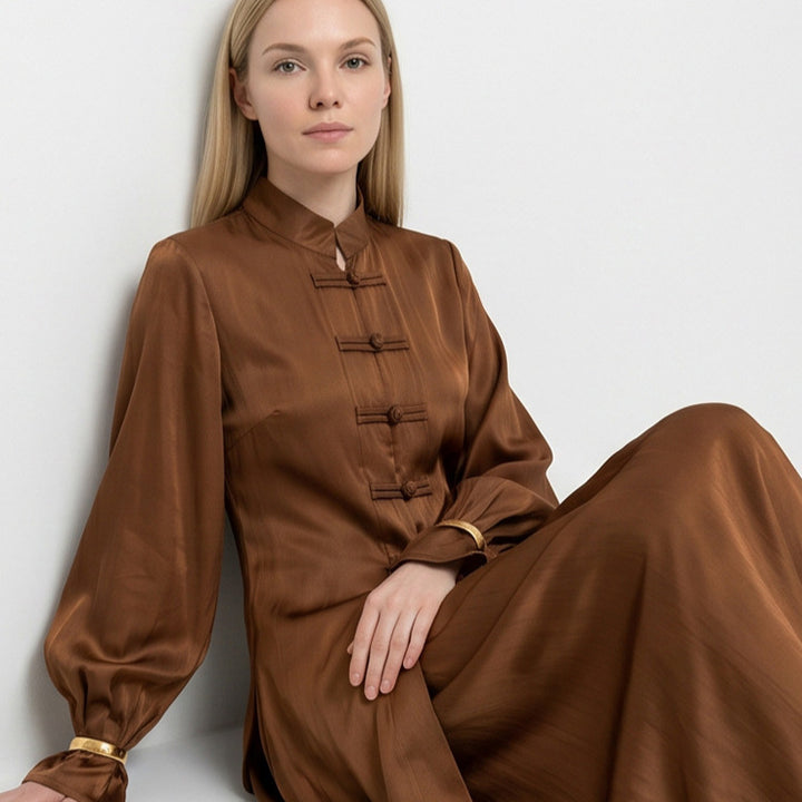 Women’s maxi dress with stand-up collar, traditional knot closure, and balloon sleeves Amarae