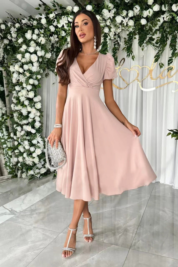 Ladies Elegant Midi Dress with Wrap Look and Flared Skirt Lune London