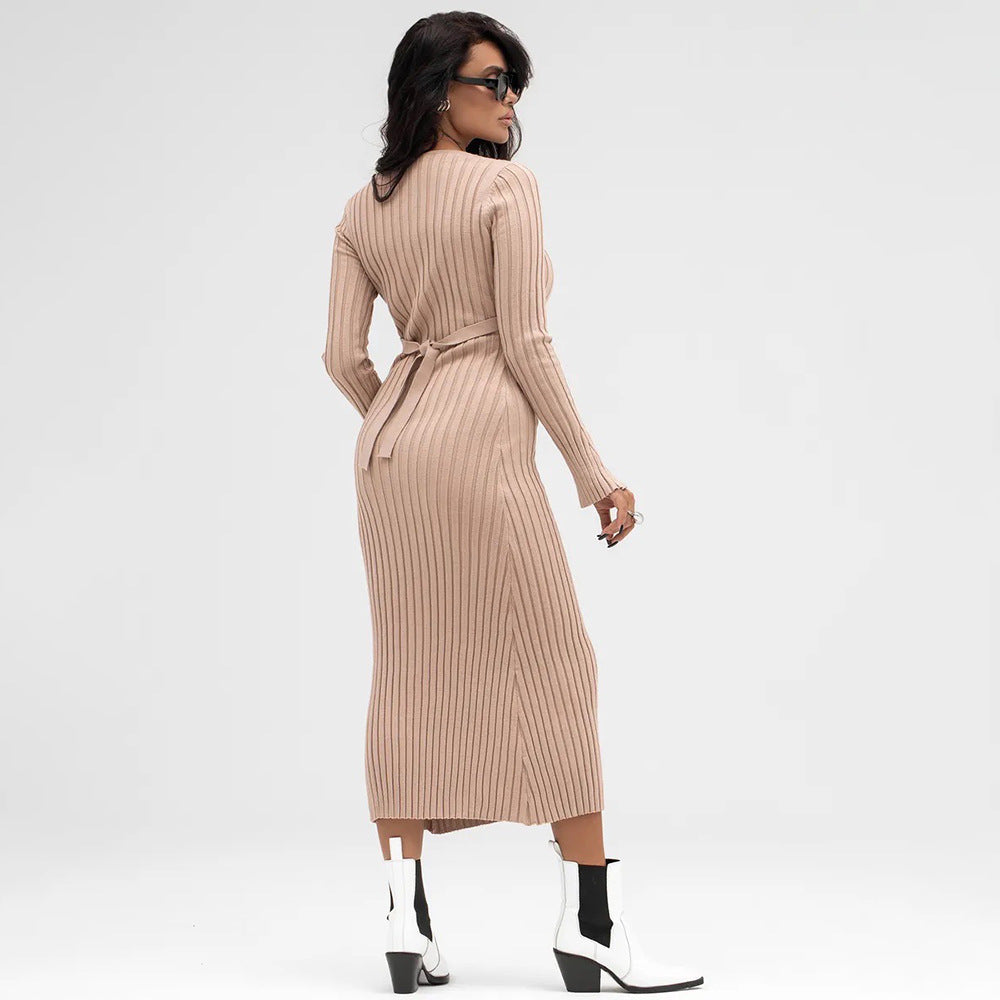 Knit dress for women with deep V-neckline and elegant ribbed details Lune London