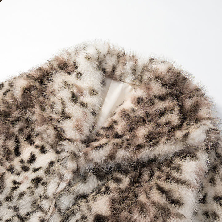 Women Padded Faux Fur Coat with Leopard Print, Oversized Silhouette and Stand-Up Collar Amarae