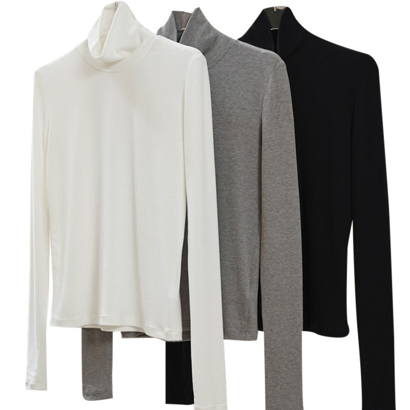 Women's Fitted Long Sleeve Shirt made of fine Stretch Jersey with Stand-Up Collar and Thumb Hole Amarae