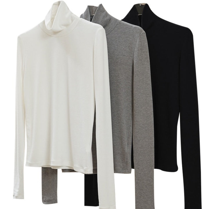 Women's Fitted Long Sleeve Shirt made of fine Stretch Jersey with Stand-Up Collar and Thumb Hole Amarae