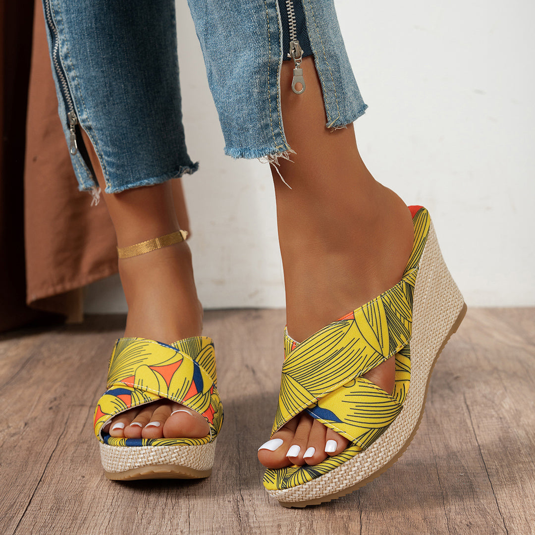 Wedge heeled sandals for women with a floral design and a non-slip sole Lune London