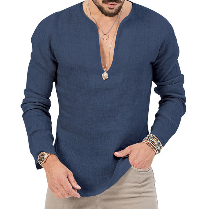 Men's casual linen shirt with deep V-neck and comfortable fit Lune London
