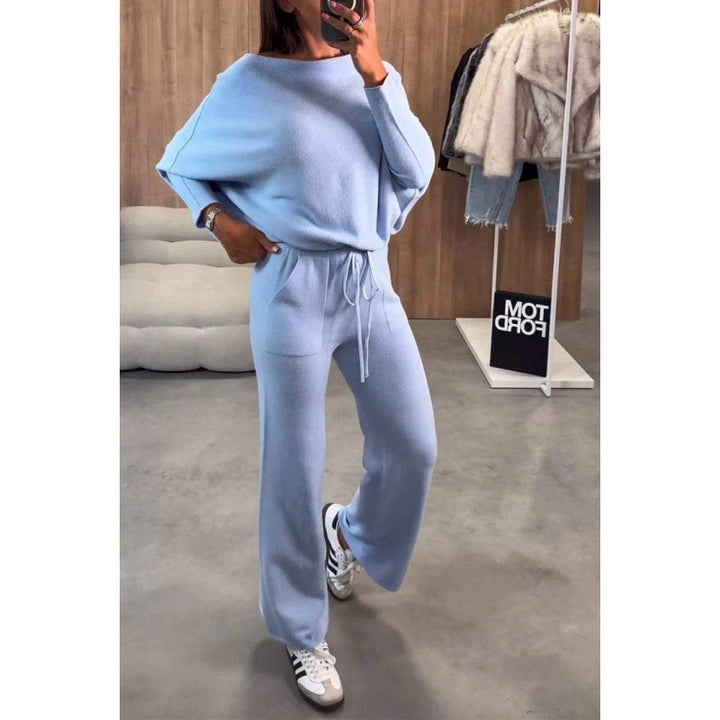 Women's Knit Loungewear Set with Oversized Shoulder, Wide Leg and Drawstring Amarae
