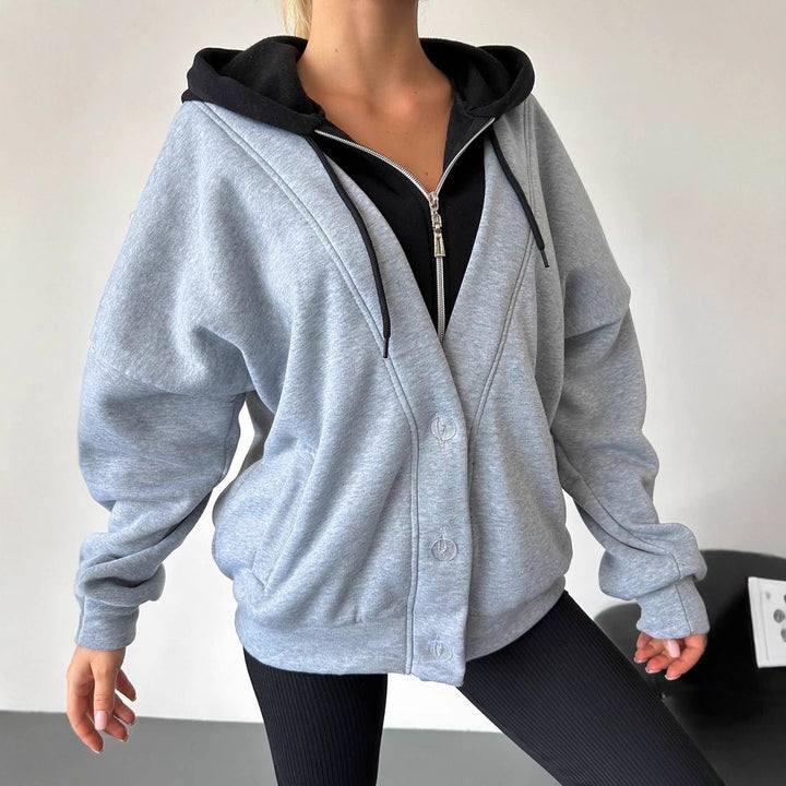 Comfortable oversized jacket for women with hood and snap closure Lune London