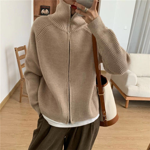 Ladies' knit jacket with high collar and trendy ribbed pattern Amarae