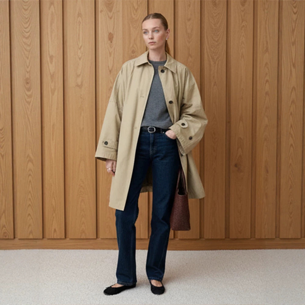 Women's Oversize Cotton Blend Trench Coat with Mid-Length, Straight Cut Amarae