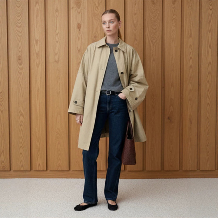 Women's Oversize Cotton Blend Trench Coat with Mid-Length, Straight Cut Amarae
