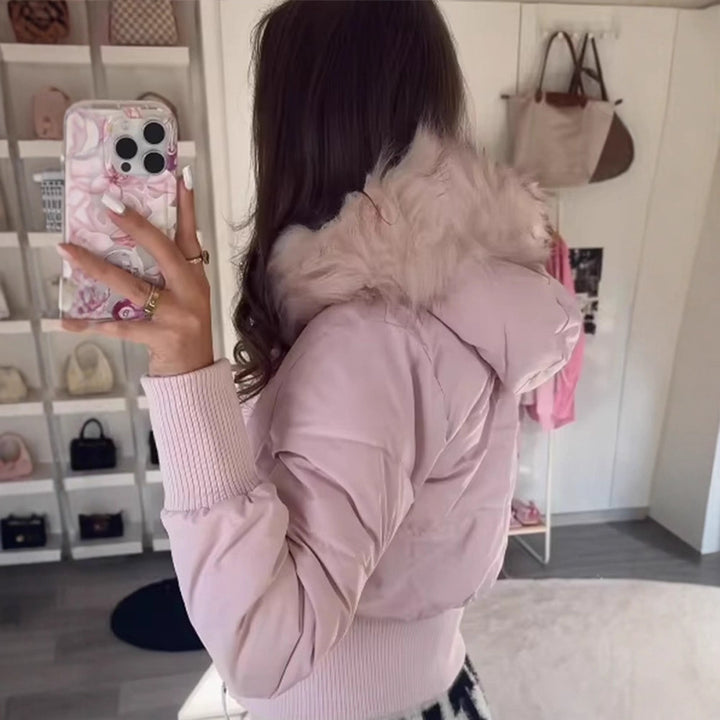 Ladies short quilted bomber style jacket with detachable faux fur hood Amarae