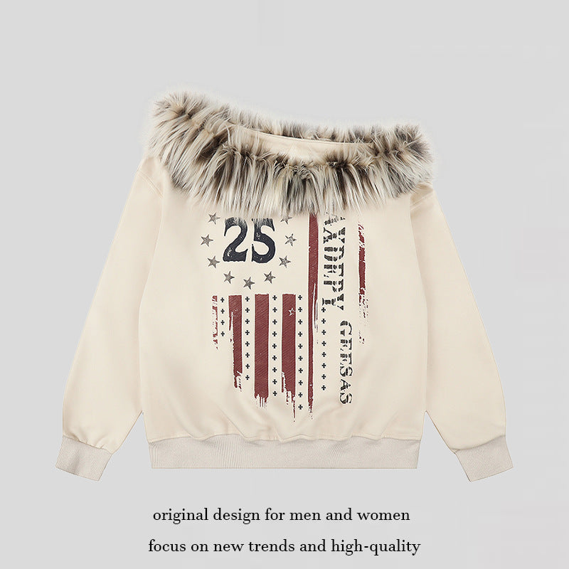Women's hooded sweatshirt with removable faux fur collar and vintage print Amarae