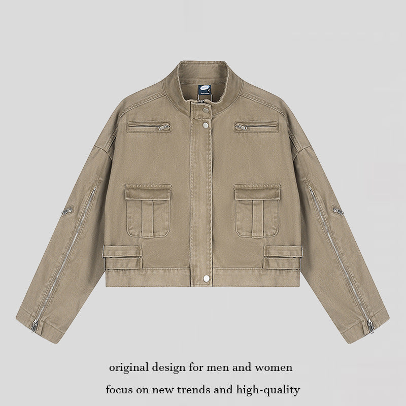 Women's Cropped Utility Jacket with Stand Collar, Multiple Pockets and Zip Sleeves Amarae