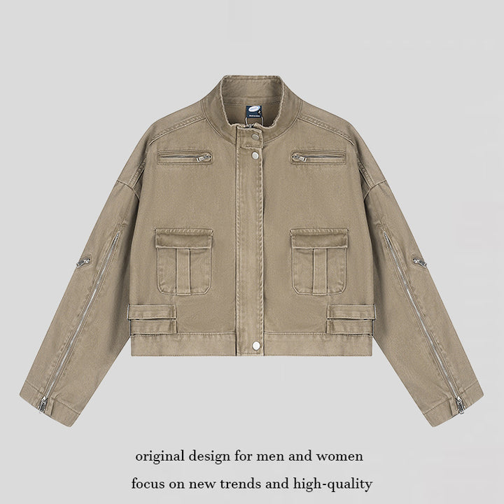 Women's Cropped Utility Jacket with Stand Collar, Multiple Pockets and Zip Sleeves Amarae