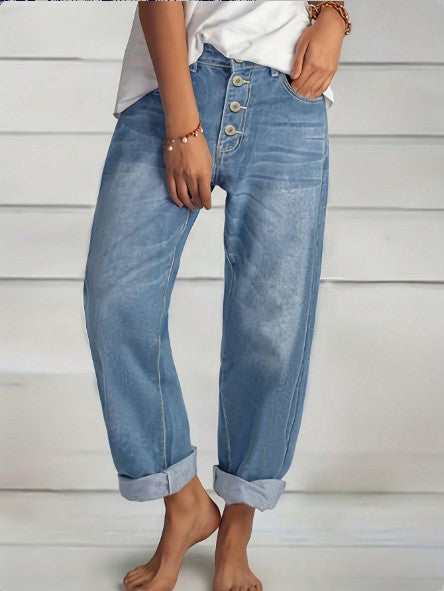 Ladies High-Waist Relaxed-Fit Jeans in Boyfriend Style with Visible Button Placket and Rolled Hem Amarae