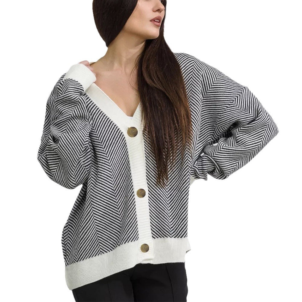 Knitted jacket for women with herringbone pattern and large button details Lune London
