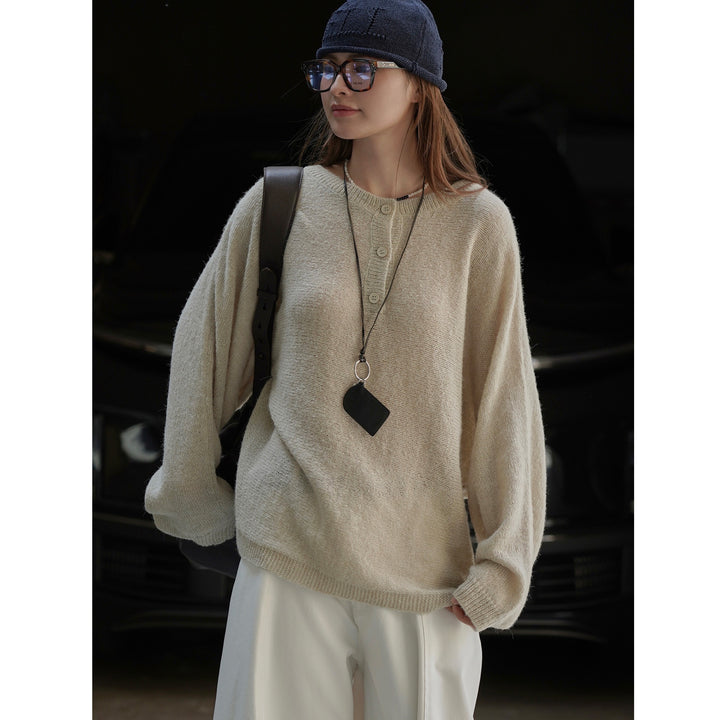 Women Loose Alpaca-Mix Round Neck Sweater with Concealed Button Placket Amarae