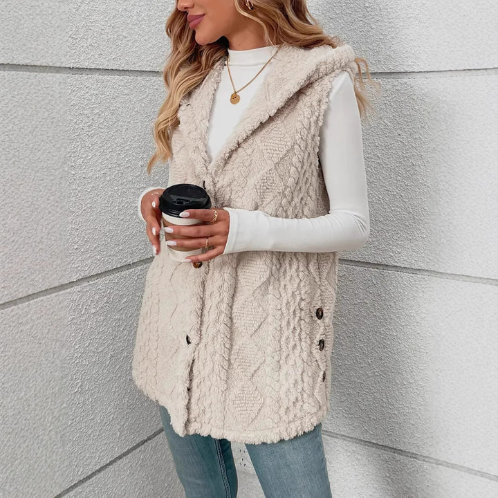 Fleece vest for women with hood and button closure Amarae