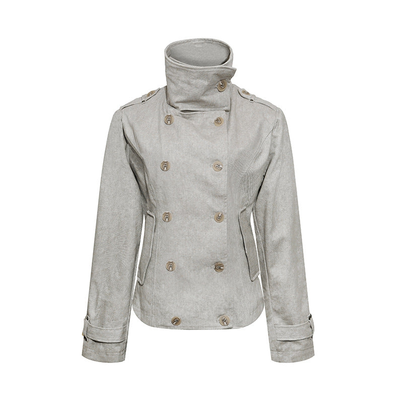Women Short Double-Breasted Peacoat with Stand Collar and Waist Amarae
