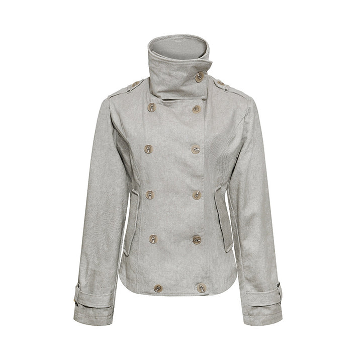 Women Short Double-Breasted Peacoat with Stand Collar and Waist Amarae