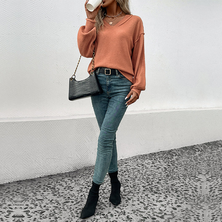 Pull femme décontracté avec décolleté en V et manches bouffantes Lune London
