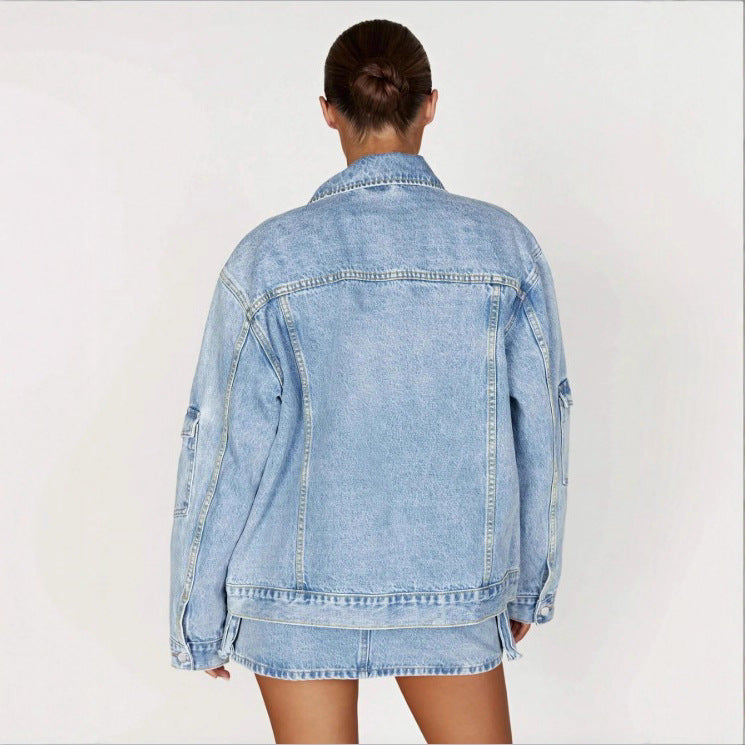 Women's Oversize Utility Denim Jacket with Large Flap Pockets and Zipper Amarae