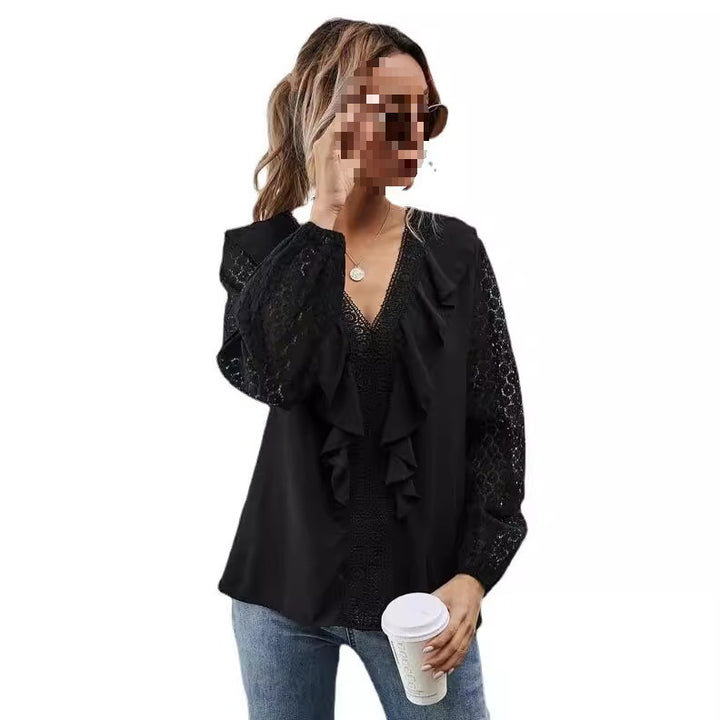 Ruffled blouse for women with transparent sleeves and delicate lace accents Lune London