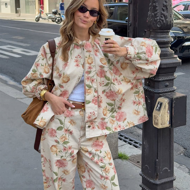 Women's Two-Piece Floral Print Co-Ord Set with Oversized Blouson and High-Waist Pants Amarae