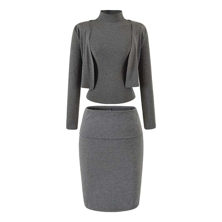 Ladies two-piece business knit set with turtleneck top, bolero, and pencil skirt Amarae