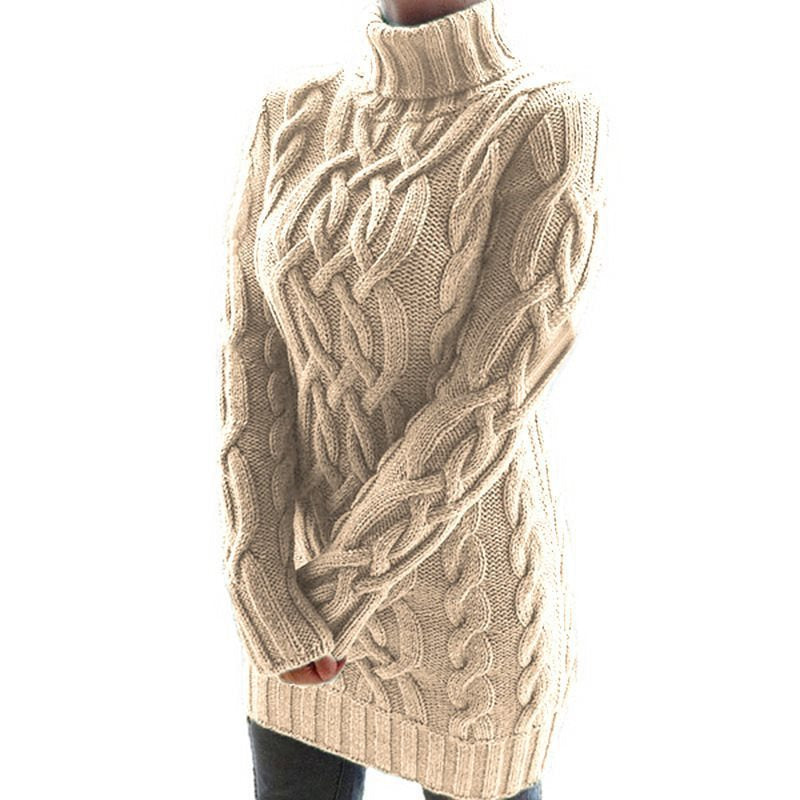 Chunky knit sweater for women with high collar and cable pattern Lune London