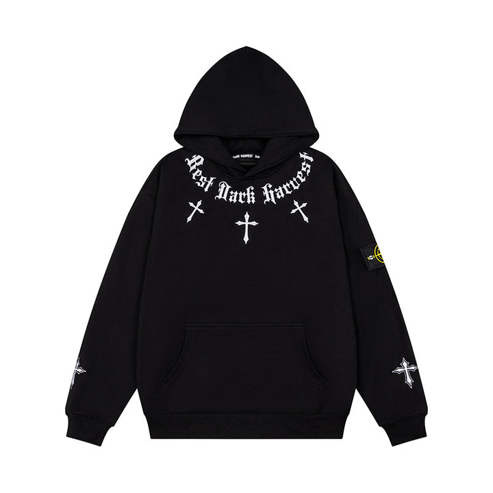 Unisex Oversize Hoodie with Gothic Cross Print, Kangaroo Pocket and Ribbed Cuffs Amarae