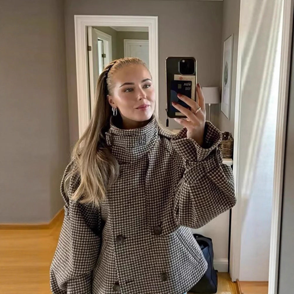 Women's Oversize Houndstooth Coat with Cape Detail, High Stand Collar and Adjustable Cuffs Amarae