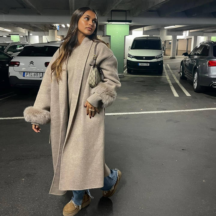 Ladies Elegant Long Coat with Removable Fur Sleeves Lune London