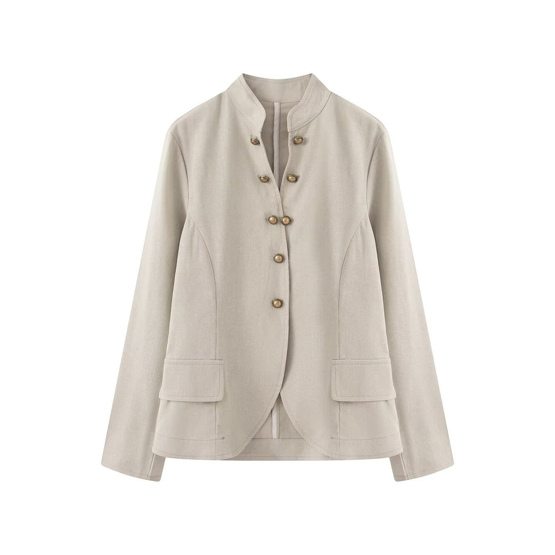 Women Tailored Stand Collar Blazer with Decorative Metal Buttons Amarae