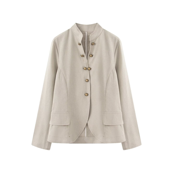 Women Tailored Stand Collar Blazer with Decorative Metal Buttons Amarae
