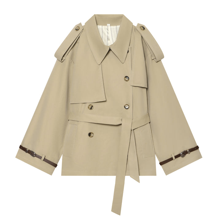 Ladies Short Cape Trench with Double Row, Shoulder Flaps and Waist Belt Amarae