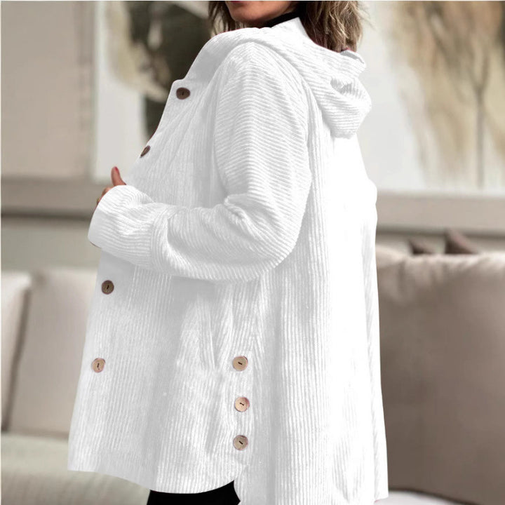 Ladies Cozy Corduroy Jacket with Hood and Button Closure Lune London