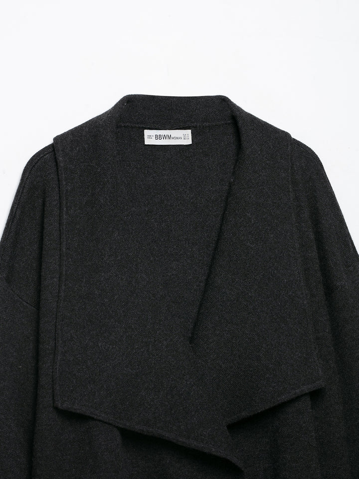 Women's short cut open wool blend cardigan with large shawl collar and boxy cropped silhouette Amarae