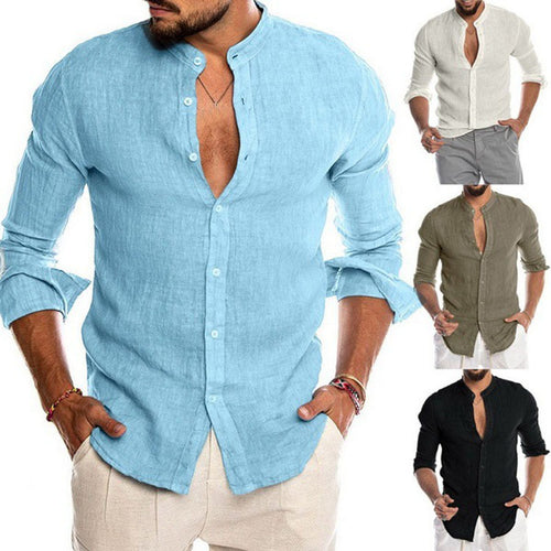 Linen shirt for men with a modern Henley collar and a Amarae structure