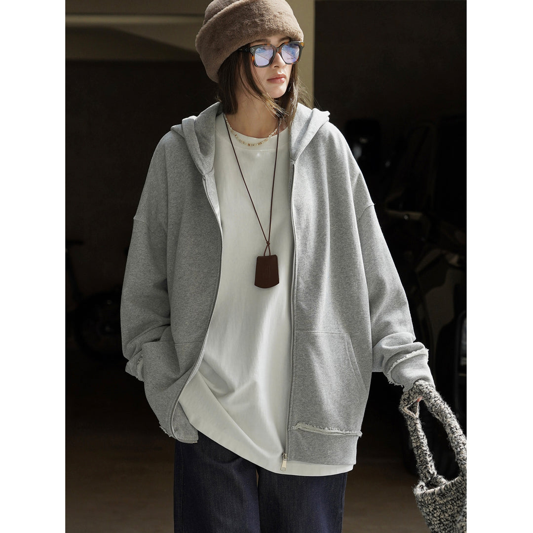 Women's Relaxed Zip Hoodie in Used Look with Frayed Edges Amarae